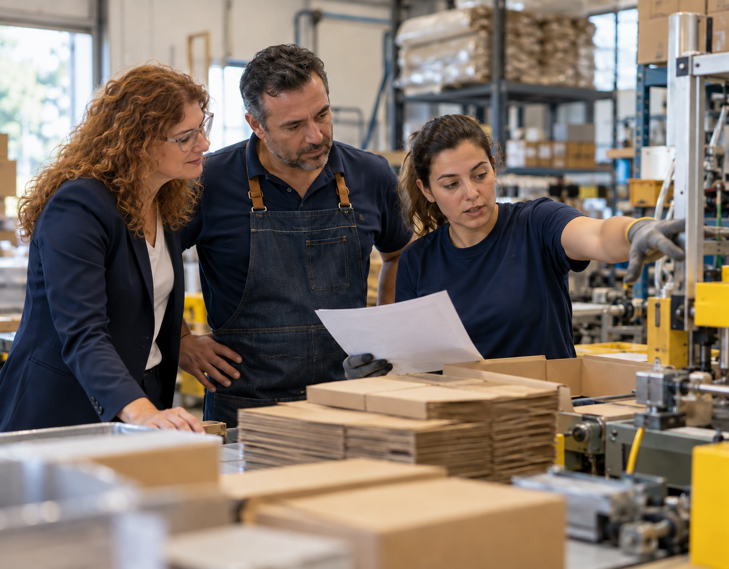 Equipa em reunião de trabalho na fábrica
