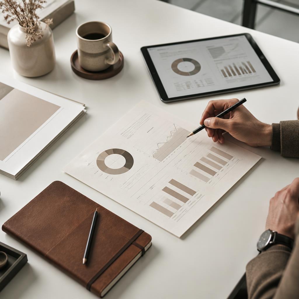 Mesa de trabalho com dashboards, caderno e ferramentas de consultoria estratégica